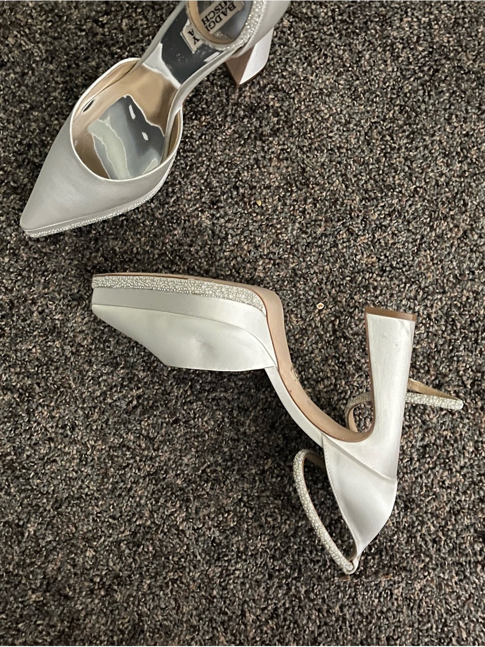 Badgley Mischka Ivory Pointed-Toe Ankle-Strap Heels with Sparkle Trim - Picture 1 of 3